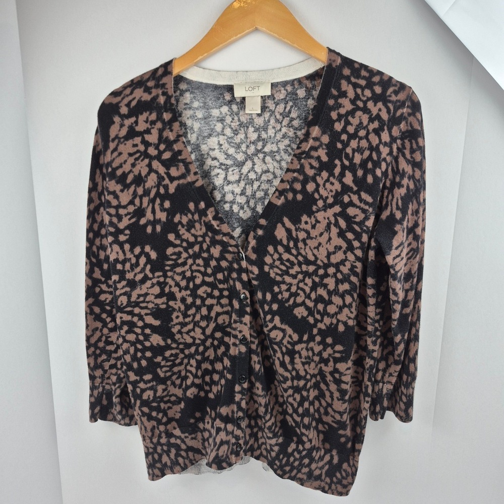 LOFT Leopard Print Button Front Cardigan Women's‎ L Black Tan 3/4 Sleeve Sweater